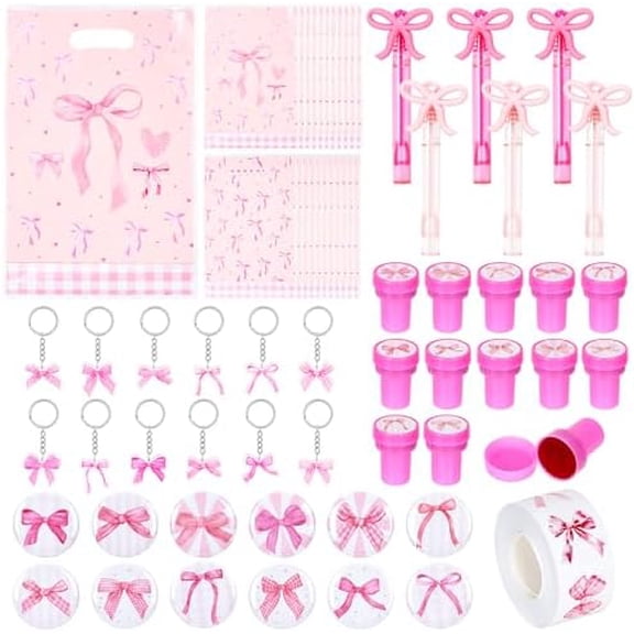 73Pcs Pink Bow Party Favors, Pink Party Kit with Keychains Stamps Badges Stickers Gift Bags, Bow Coquette Birthday Decorations Supplies for Women$$Home Decor, Kitchen, & Other