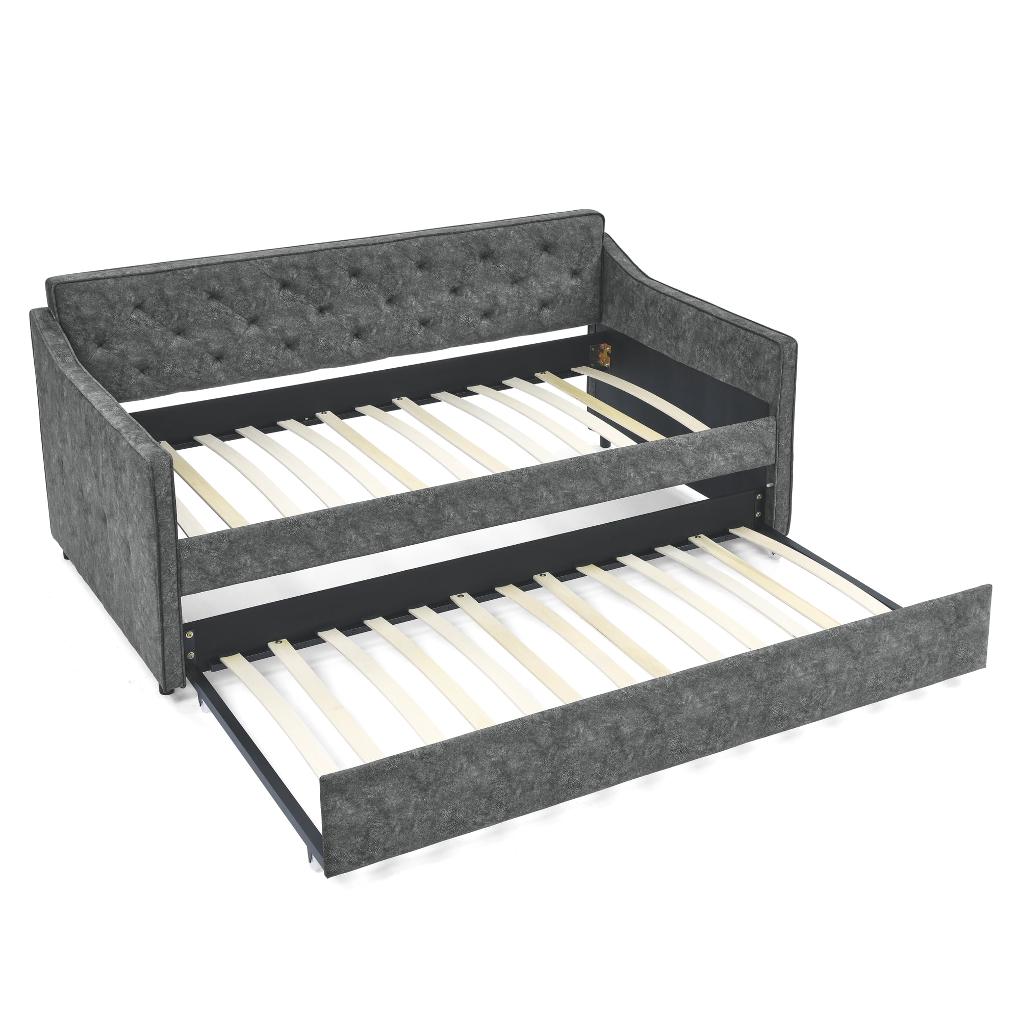 Aukfa Twin Daybed with Trundle, Upholstered Daybed with Tufted Back - Gray
