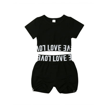 

Toddler Kids Girls Clothes Set Black Short Sleeve Cotton Crop Top T shirt Short Sunsuit Outfit