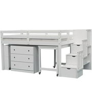 Junior Stairway Mid Loft Bed with Desk, Chest and Bookcase White