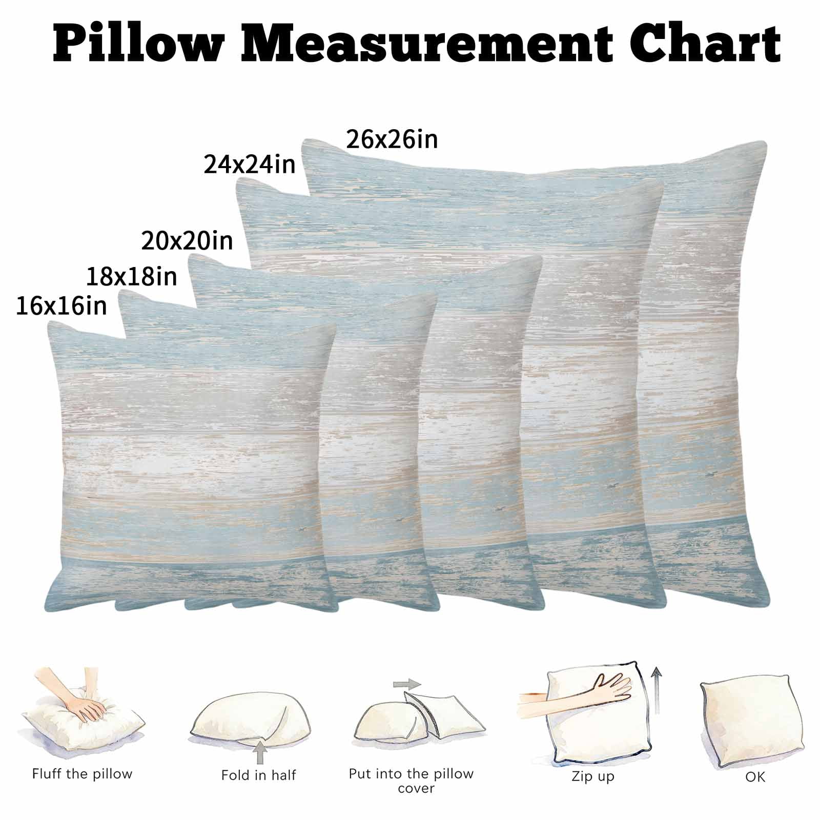 Pillow Covers 26x26 Inch, Blue Beige Farmhouse Linen Pillowcase with Invisible Zipper, Vintage Wooden Striped Decorative Throw Pillow Covers Cushion Case for Couch Sofa Bed Living Room