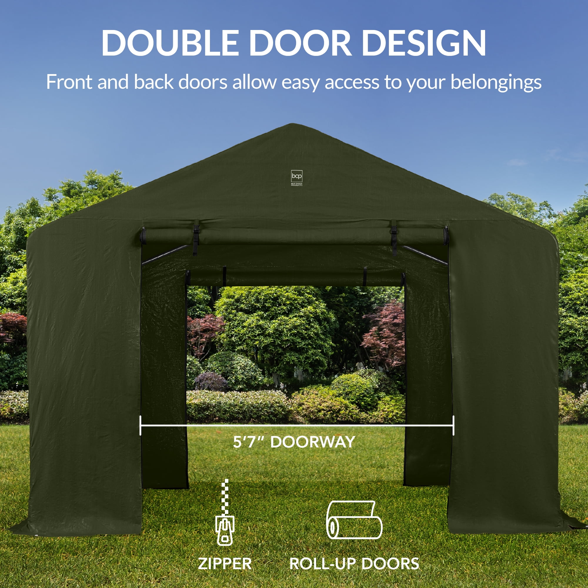Best Choice Products 10x8ft Outdoor Fabric Storage Shed, Steel Frame, Dual Roll-Up Zipper Doors, Window - Forest Green