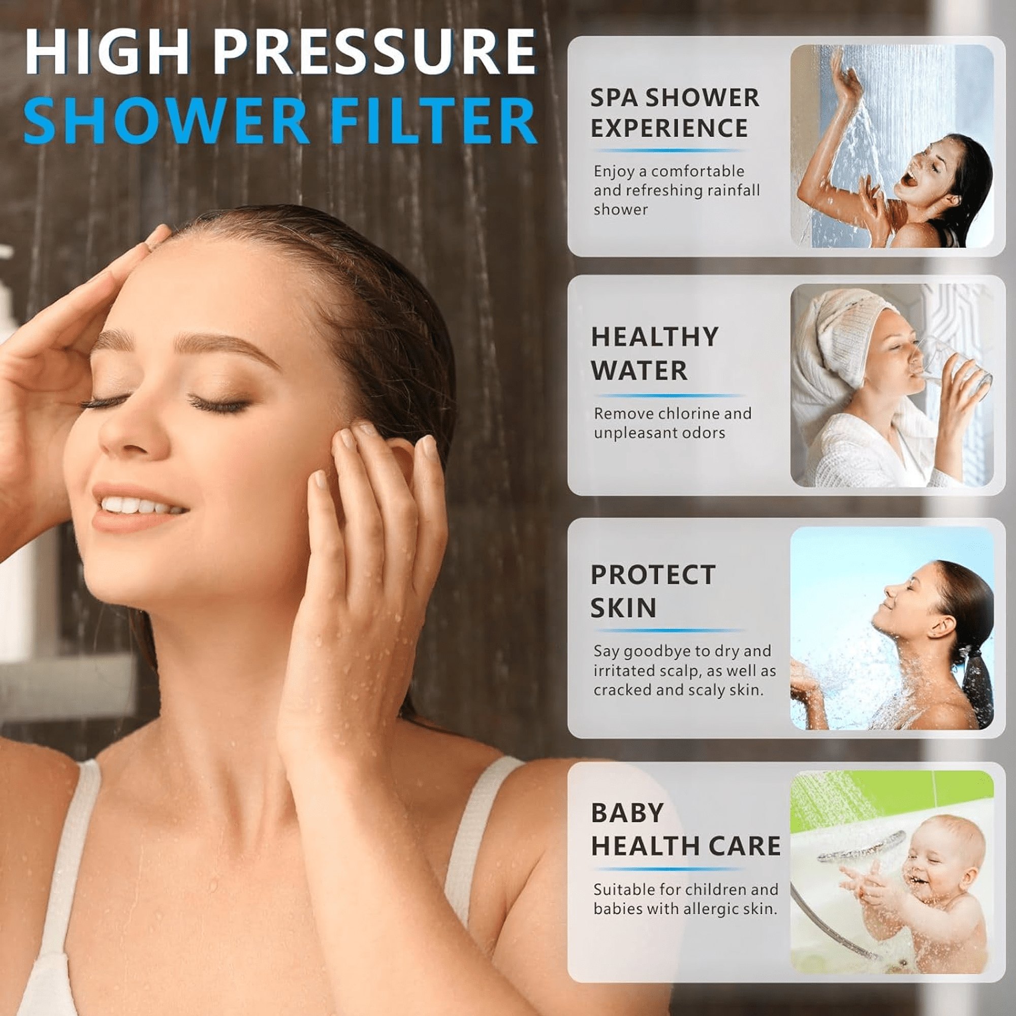 SERABETTO Filtered Shower Head Set, High Pressure Rain Shower with Handheld Showerhead Combo, Self-adhesive Holder/59" Hose, 20 Stage Filter Removes Chlorine and Harmful Substances (Square,Chrome)