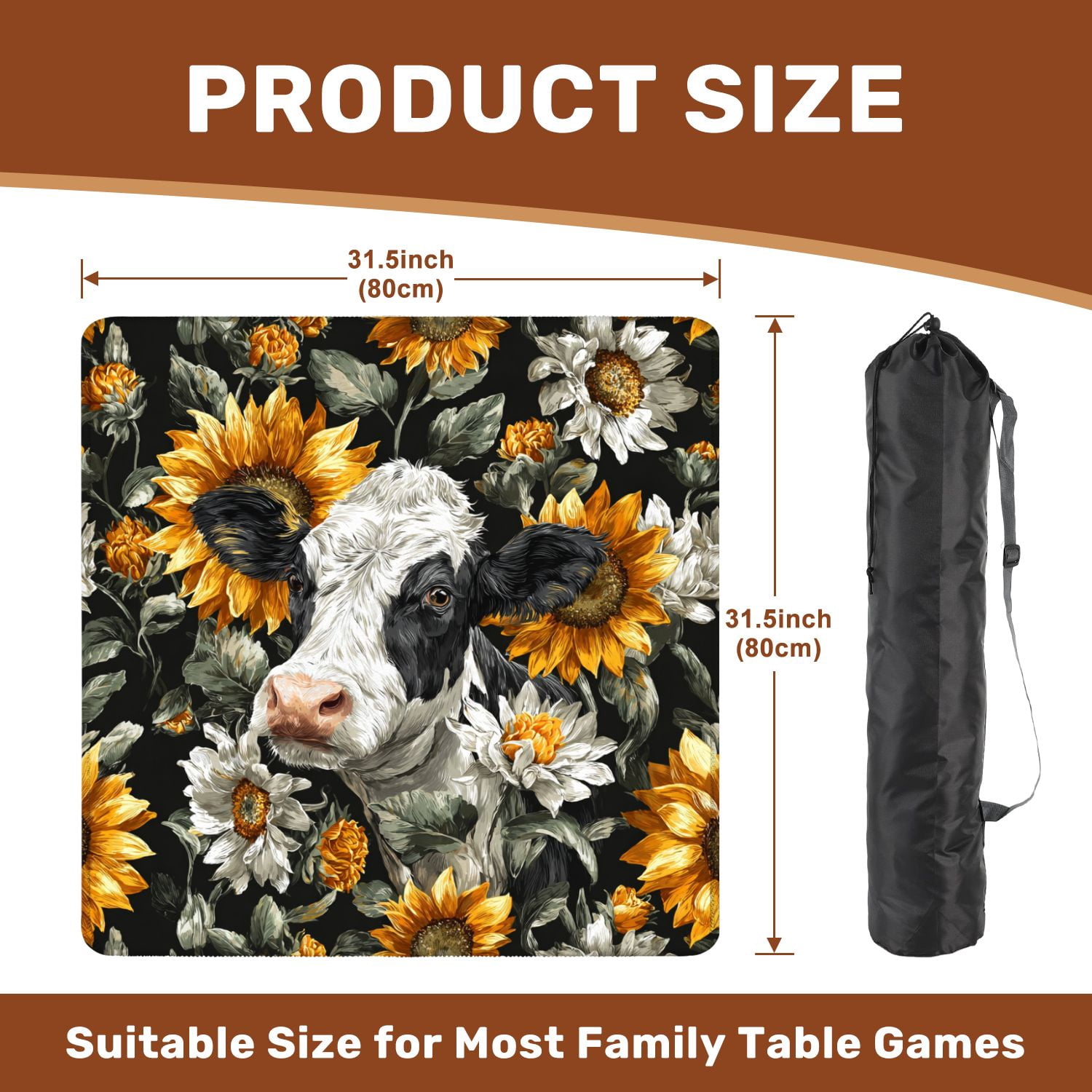 Mahjong Mat 31.5" x 31.5" Black White Cow Print Sunflowers seamless Non-Slip Noise Reduction American Mahjong Tiles Table Cover for Dominoes Poker Card Board Games Gift
