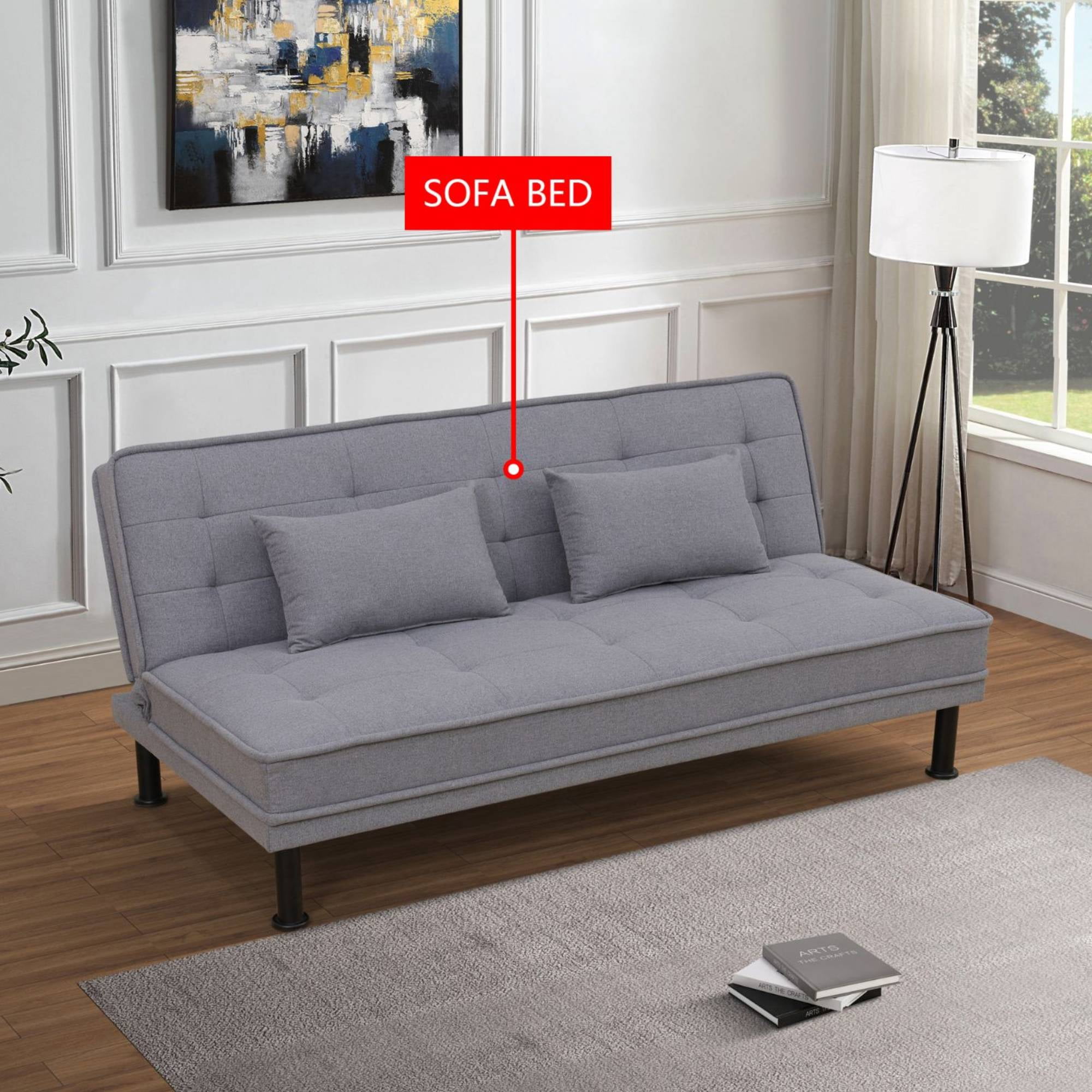 Futon Sofa Bed, Linen Comfy Futon Couch Bed with 2 Pillows, Convertible Sleeper Sofa for Living Room, Grey