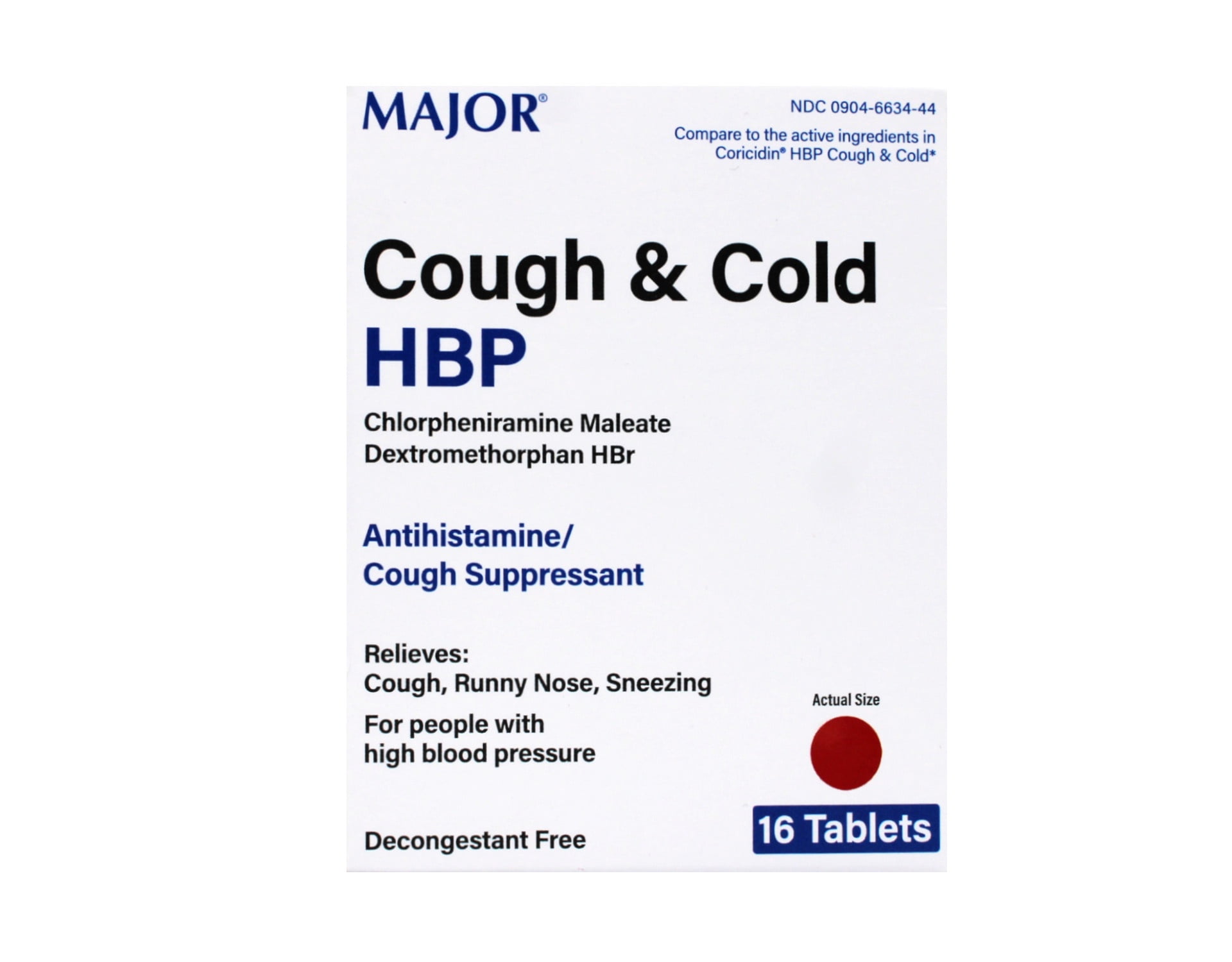 Major Cough & Cold HBP Antihistamine Suppressant Tablets for People with High Blood Pressure, 16-Count Box