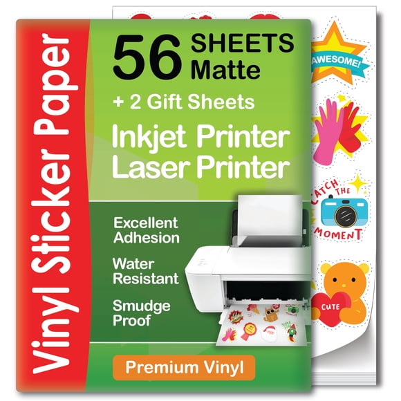 Papel adhesivo de vinilo imprimible aGodeo, blanco mate, 56 hojas