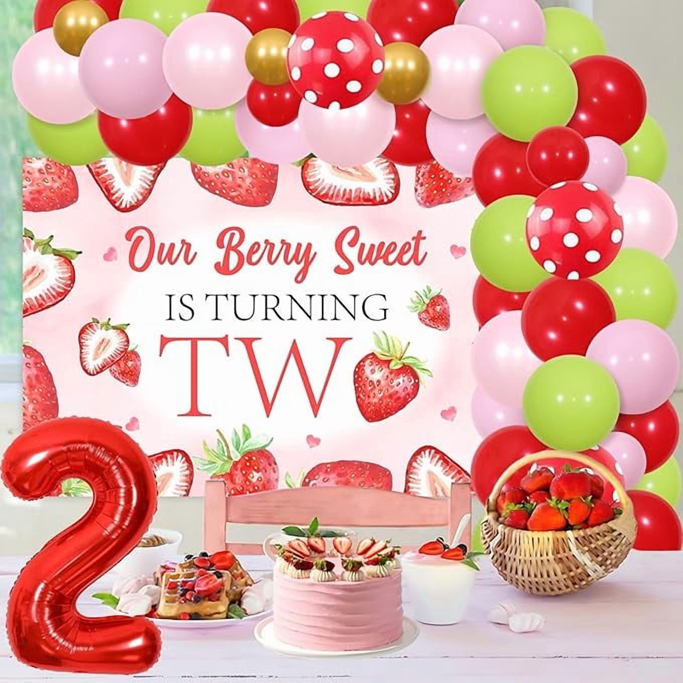 Two Sweet Strawberry Birthday Decorations, Fruit Berry 2nd Birthday Decorations for Girls - Strawberry Balloon Arch Kit with Our Berry Sweet Is Turning Two Backdrop, Foil Balloons