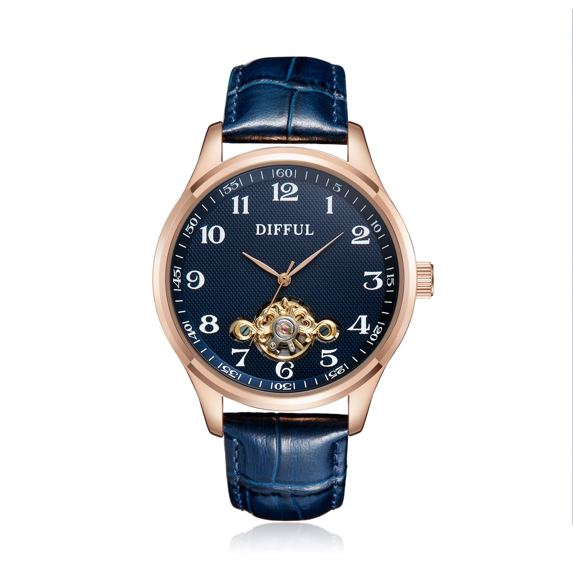 Men's Automatic Mechanical Watch with Genuine Leather Strap, Gold Dial Business Dress Watch, Classic Casual Wristwatch for Men with Premium Design, Water Resistant Everyday Wear Gift Watch