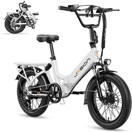 Jasion EB7 ST 2.0 Electric Bike Adults, Foldable Ebike with 480Wh Removable Battery, Step-Thru 20" Fat Tire Electric Bicycle, Dual Suspension E-bike