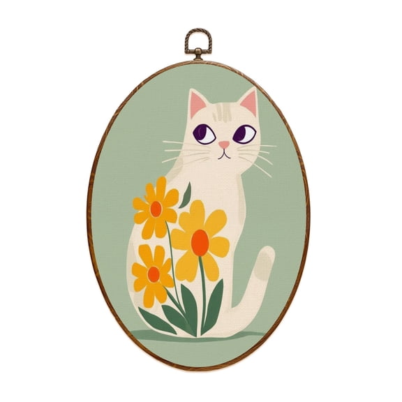 Canvas Wall Art Cat Neutral Boho Poster Plants Retro Animal Pictures Print Green Oval Framed Canvas Prints Vintage Wall Hanging Decor for Home Office Nursery Family Gift 8.6"x11.4"