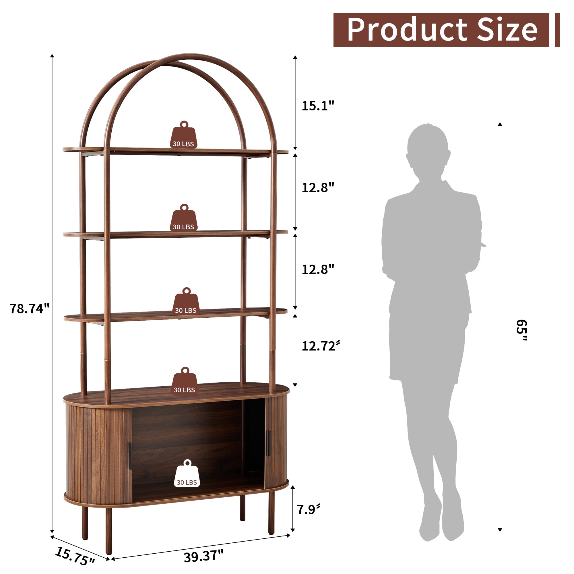 LEFHDA 79" Industrial Modern Arched Bookshelf with 4-Tier Open Shelf & Sliding Tambour Cabinet Storage, Mid-Century Curved Freestanding Bookcase for Living Room, Home Office (Walnut, 79 inch)