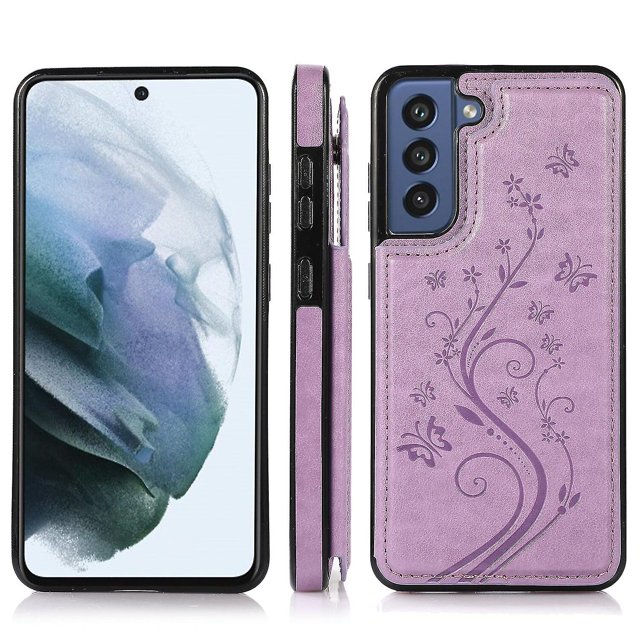 Funda para Samsung Galaxy S23 con diseño floral de mariposa y doble hebilla, con protección para la lente, soporte integrado, ranura para tarjetas oculta y resistente al agua.