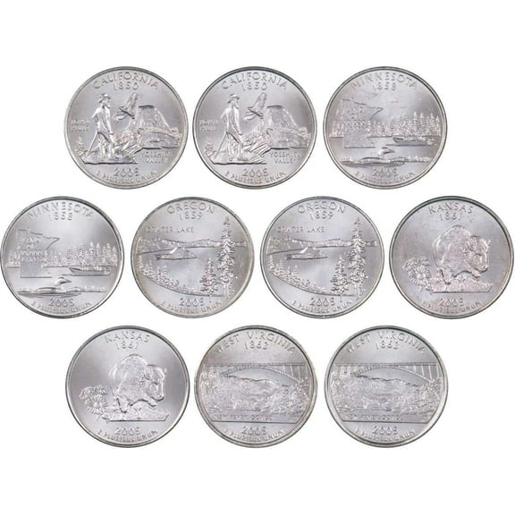 2005 P&D State Quarter 10 Coin Set BU Uncirculated Mint State 25c Collectible
