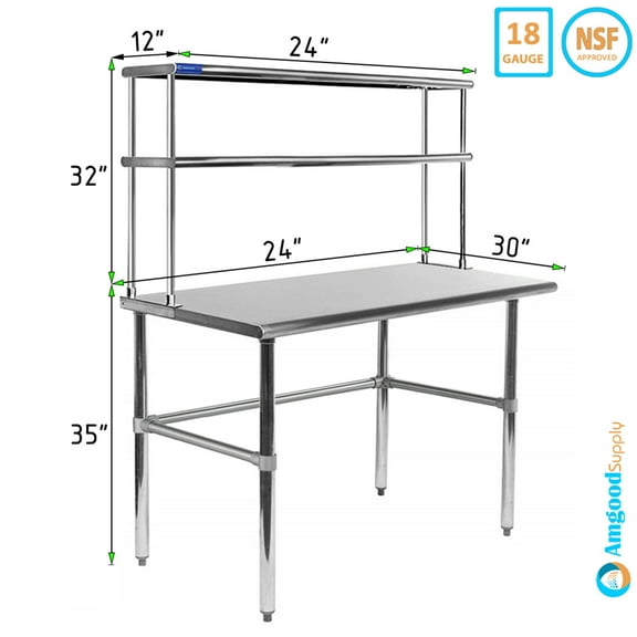 30" x 24" Open Base Stainless Steel Work Table With 12" Wide Double Tier Overshelf | Metal Kitchen Prep Table & Shelving Combo