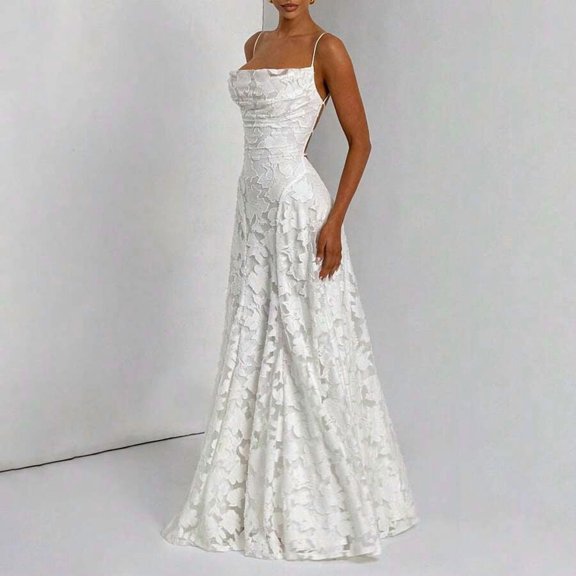 White Spaghetti Strap Square Neck Floral Lace Ruched Waist Maxi Dress