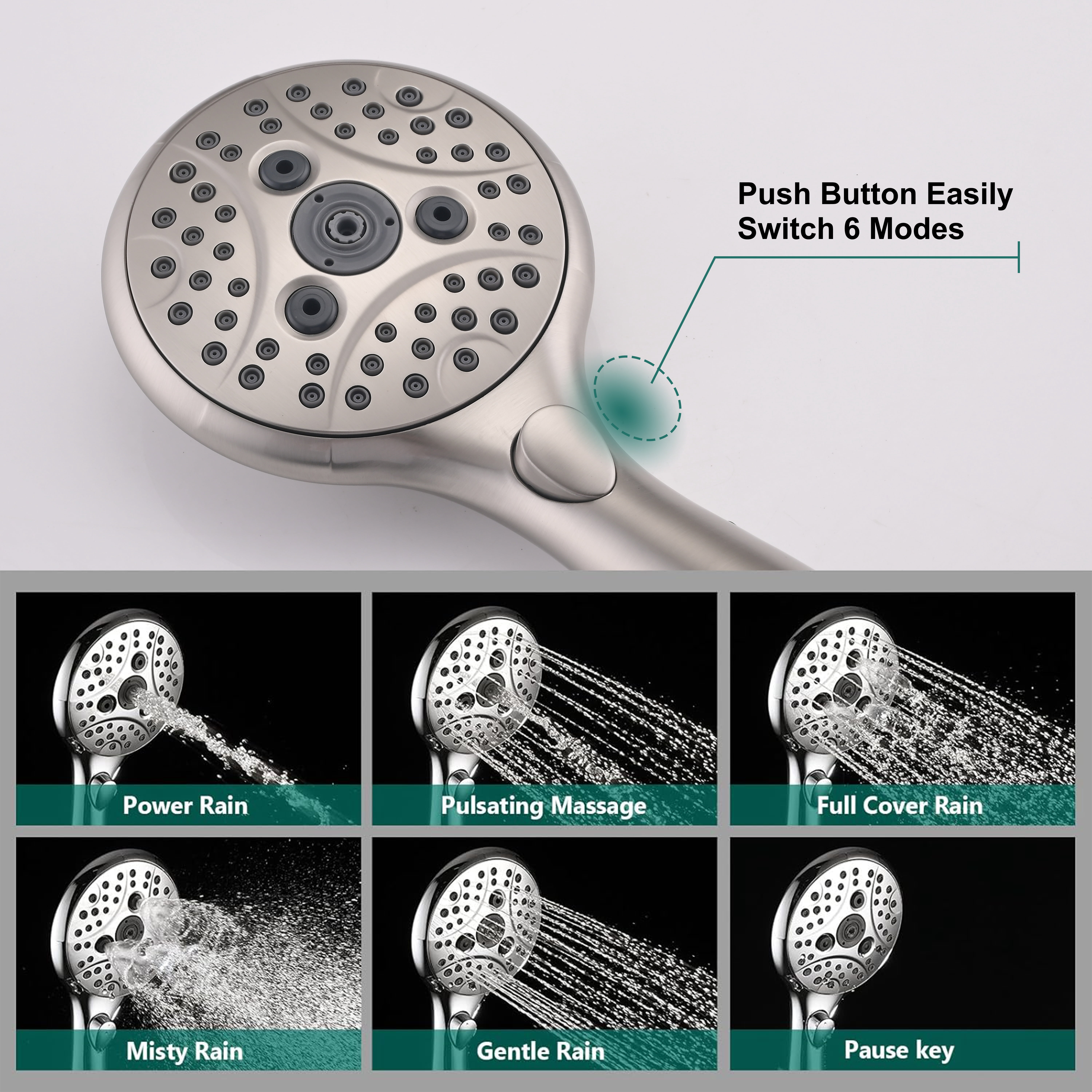 ‌6-Setting Handheld Shower Combo with Slide Bar & Pause Switch (Chrome)