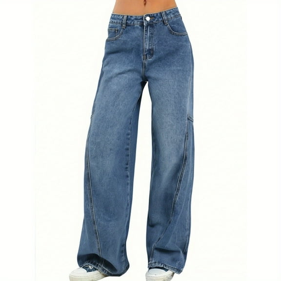 Women'S Straight Leg Jeans, Medium Blue Casual Loose Fit Women'S Wide Leg Denim Pants With Pockets