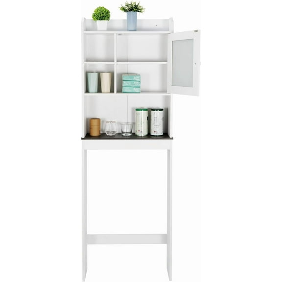 HomGarden Over The Toilet Organizer, Freestanding Wooden Bathroom Space Saver Storage with Adjustable Shelves and Glass Door for Living Room Restroom Laundry, White