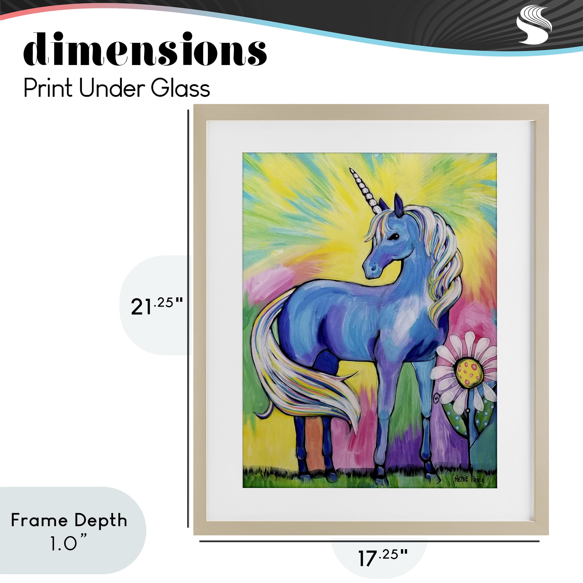 Stupell Industries Magical Unicorn in Rainbow Meadow Birch Framed Print Under Glass, design by Nettie Price