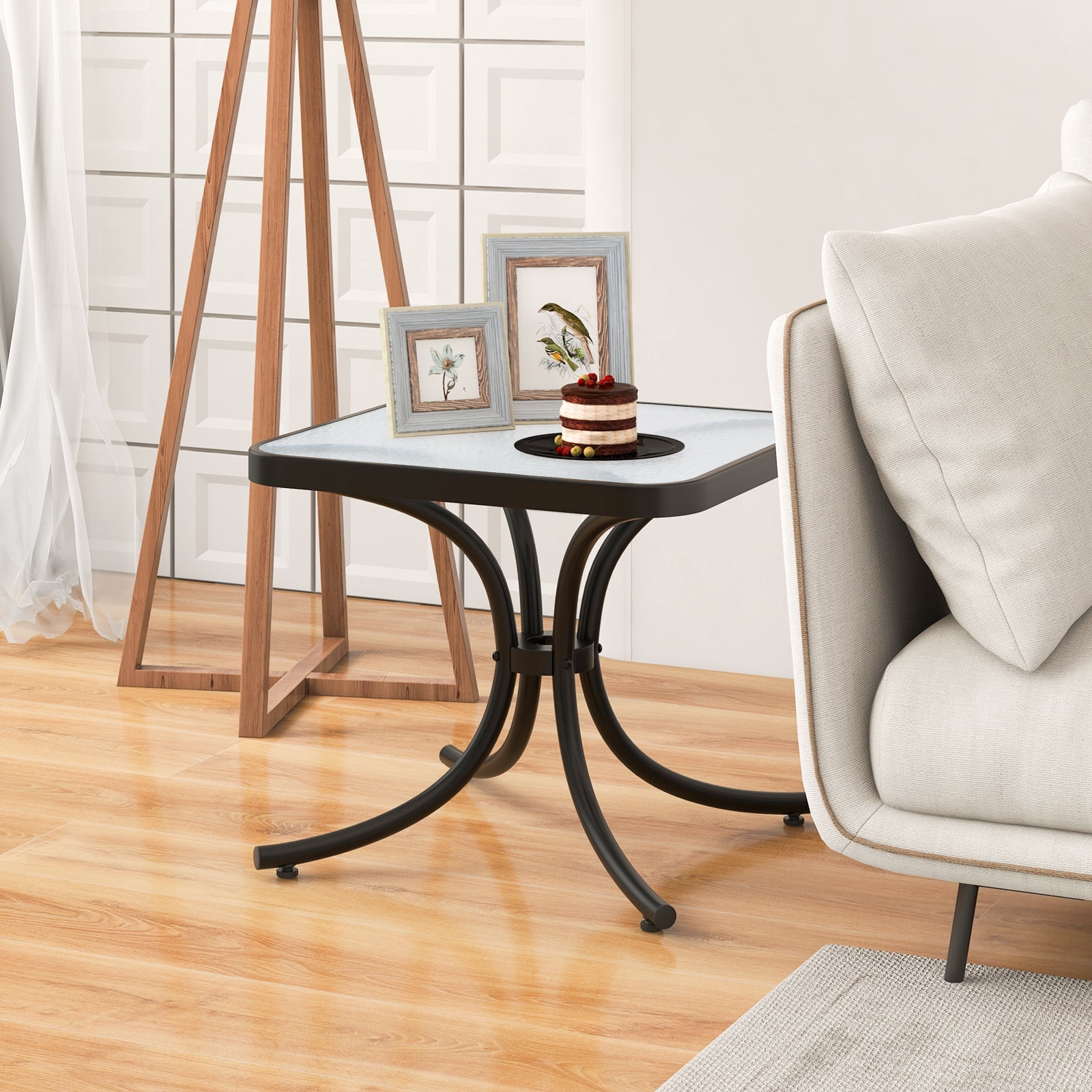 BLACK JAGUAR Tempered Glass Top Patio Table, 20" Outdoor Side Table w/ Heavy-duty Metal Frame Patio Square End Table