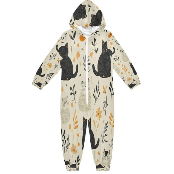 Soft Big Kids Onesie Pajamas Cozy Loose-Fit Jumpsuits for kids with Pockets for Christmas Lounge & Play White Cat and Black Cat