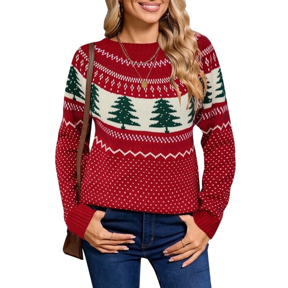 Cogild Ugly Christmas Sweaters for Womens Tree Gingerbread Man Pattern Sweaters Crew Neck Knitted Sweaters for Womens Warmth Winter Tops