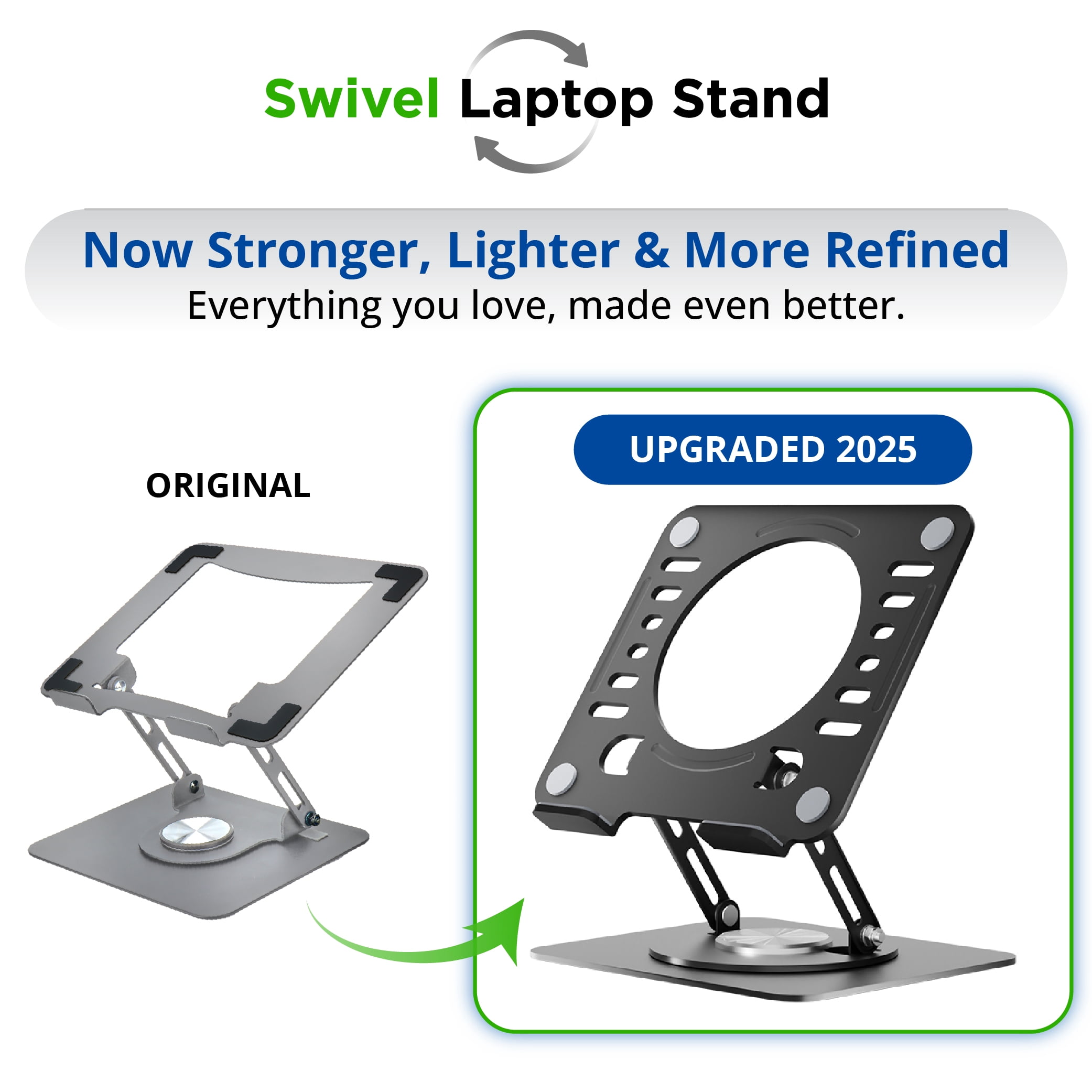 Swivel Laptop Stand for Desk – Adjustable Laptop Riser with 360° Rotation, Height & Tilt, Vented Metal Cooling Panel, Portable Folding Stand (Black)