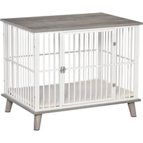 SAEWUD Dog Crate Furniture, Wooden End Table with Cushion & Lockable Door, Medium Size Pet Crate Indoor Puppy Cage, Grey