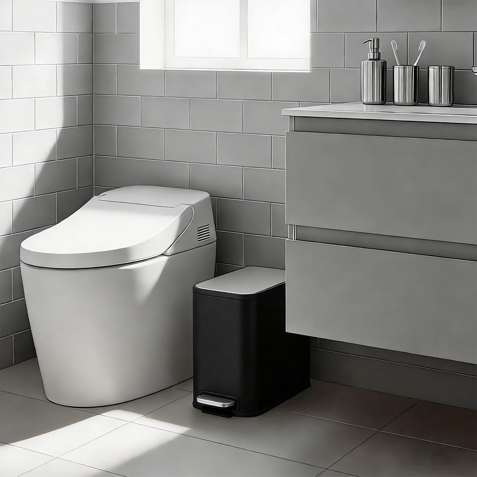 Slim Bathroom Trash Can with Lid Soft Close, Step Pedal, 8 Liter / 2.1 Gallon Stainless Steel Trash Bin, Small Garbage Cans for Bedroom, Office, Kitchen