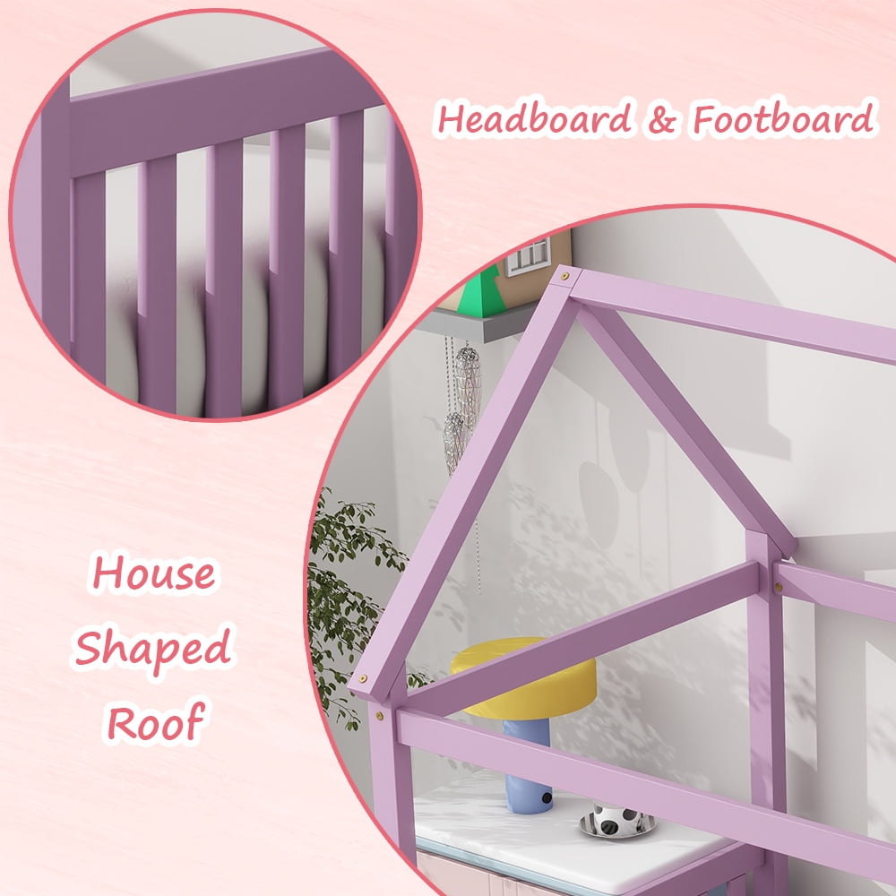 Bellemave Twin House Bed with Headboard and Footboard Sturdy Rubber Wood Platform Bed Frame, Montessori House Bed, No Box Spring Needed  (Twin, Pink)