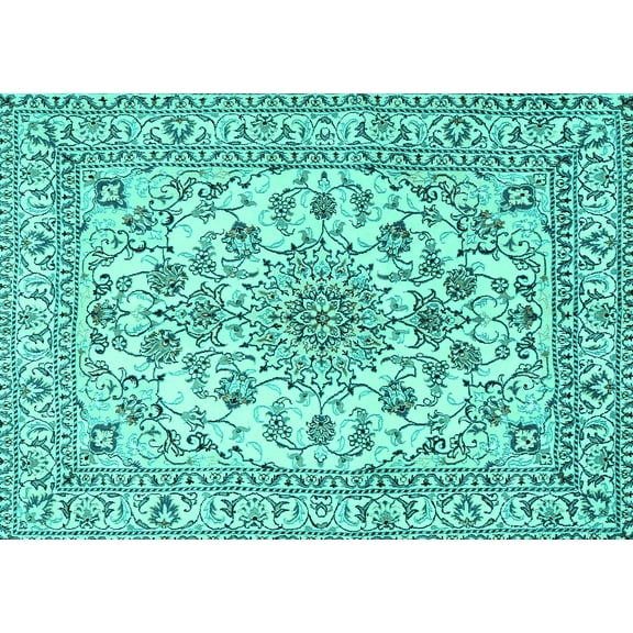 Ahgly Company Machine Washable Indoor Rectangle Medallion Turquoise Blue Traditional Area Rugs, 5' x 7'