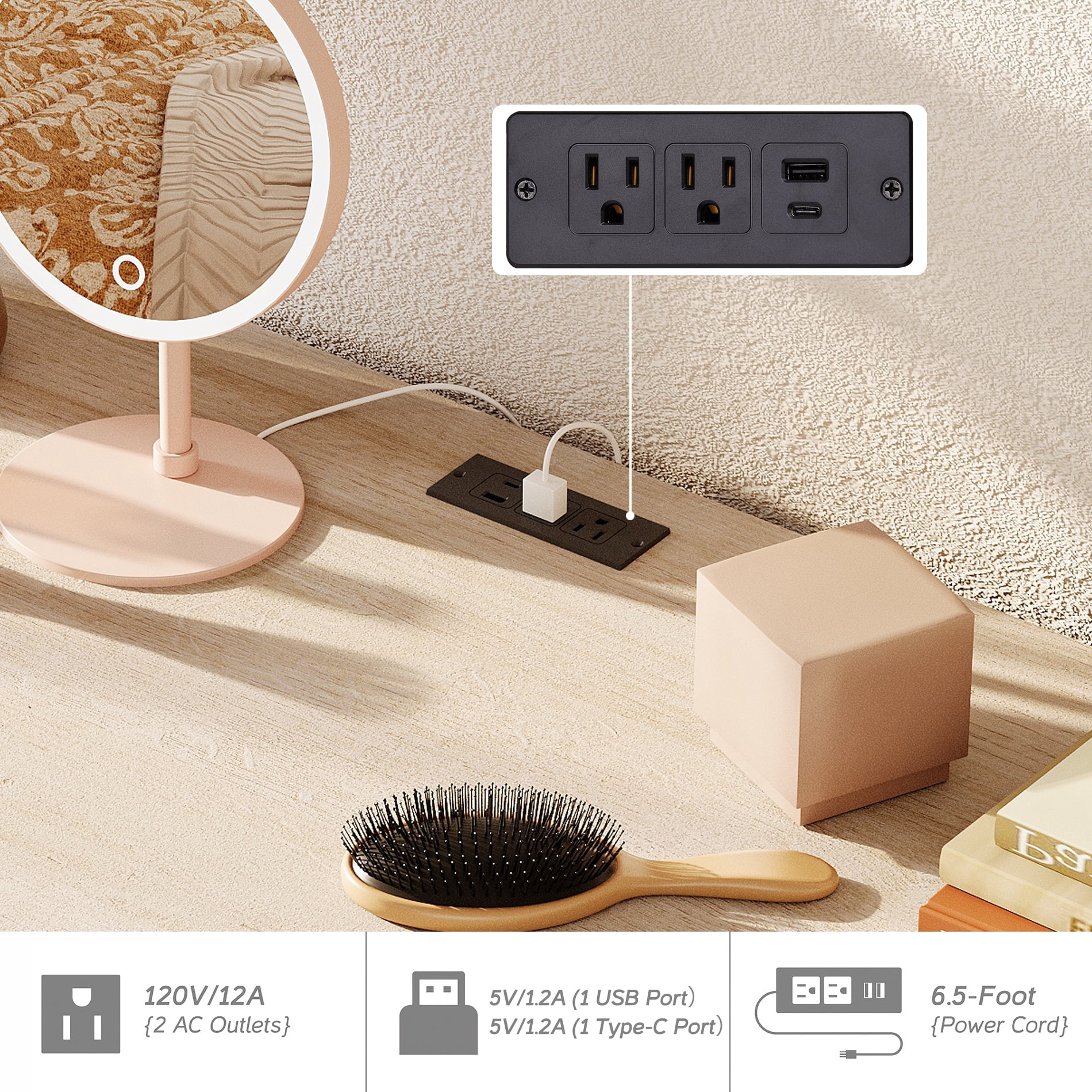 58" Wooden Vanity Desk with Drawers and Cabinet, Modern Makeup Charging Table with Storage for Bedroom, Light Oak