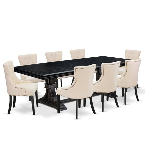 Luxe by East West Furniture 9 piece dining set a wooden table and 8 Linen Fabric dining chairs & black legs