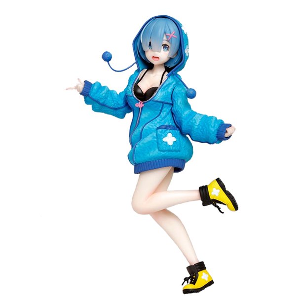 21.5CM Anime Figure Rem Re:Life In A Different World From Zero Blue Plush Hoodie Take Off Pose Model Dolls Toy PVC Material heqiyong LED
