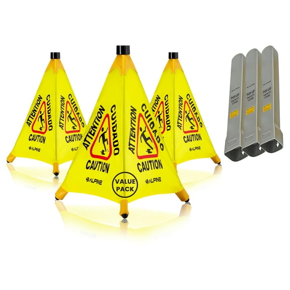 Alpine Caution Wet Floor Sign 3 Pack - Pop Up Slippery When Wet Sign, Wall Mounted Foldable Bilingual Yellow Safety Warning Cone for Commercial & Office Use (20 Inches)