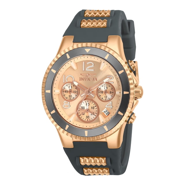 reloj invicta 24189 mujer oro rosa invicta 24189 reloj para mujer color oro rosa con caja redonda y bisel gris oscuro, tres subesferas de cronógrafo, indicador de fecha a las 4, manecillas luminiscentes y correa de silicón gris con inserciones decorativas en oro rosa.
