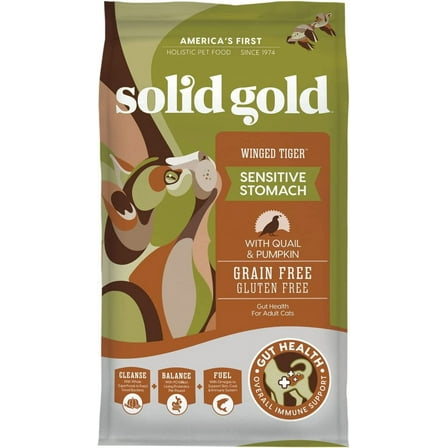 Solid Gold Sensitive Stomach Dry Cat Food - Made with Real Quail and Pumpkin - Winged Tiger Grain Free Cat Food for Adult and Senior Cats - Promotes Gut Health and Immune Support - 6 lb
