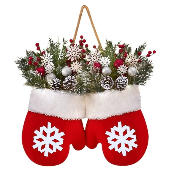 GOBWCOT Twinkling Christmas Mitten Wreath with 120 LED Lights Christmas Wreath Front Door Artificial Garland with Faux Pine Branches,Red Berries and Frosted Pinecones