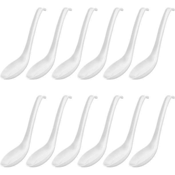 12 Pieces Asian Soup Spoons Hook Style Ramen Spoon White Noodle Soup Spoons Japanese Melamine Rice Spoon with Hook Handle Chinese Wonton Soup Spoon for Soba Rice Pho Ramen Noodle, 6.3 Inch