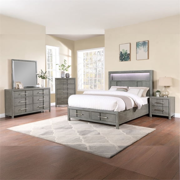 Full 4PC Modern Style Storage Bedroom Set Made with Wood in Gray
