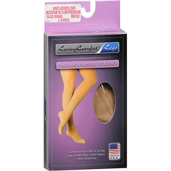 Loving Comfort Anti-Embolism Thigh High Moderate Compression Support Stockings, Large, Beige