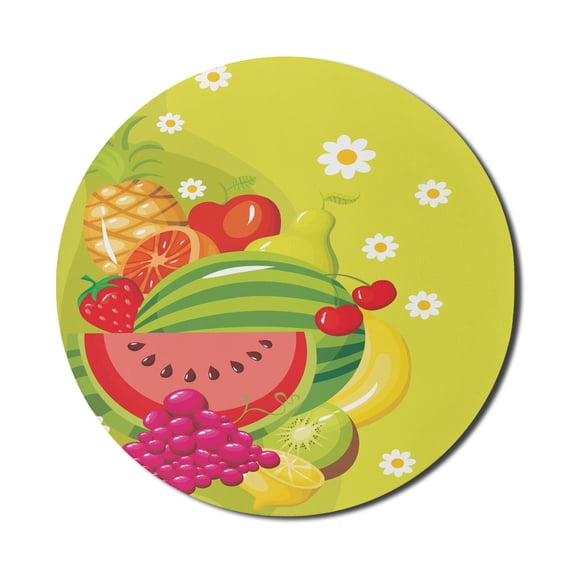 Fruit Mouse Pad for Computers, Cartoon of Natural Deserts Daisies Watermelon Kiwi Grape Pineapple, Round Non-Slip Thick Rubber Modern Gaming Mousepad, 8" Round, Yellow Green Multicolor, by Ambesonne