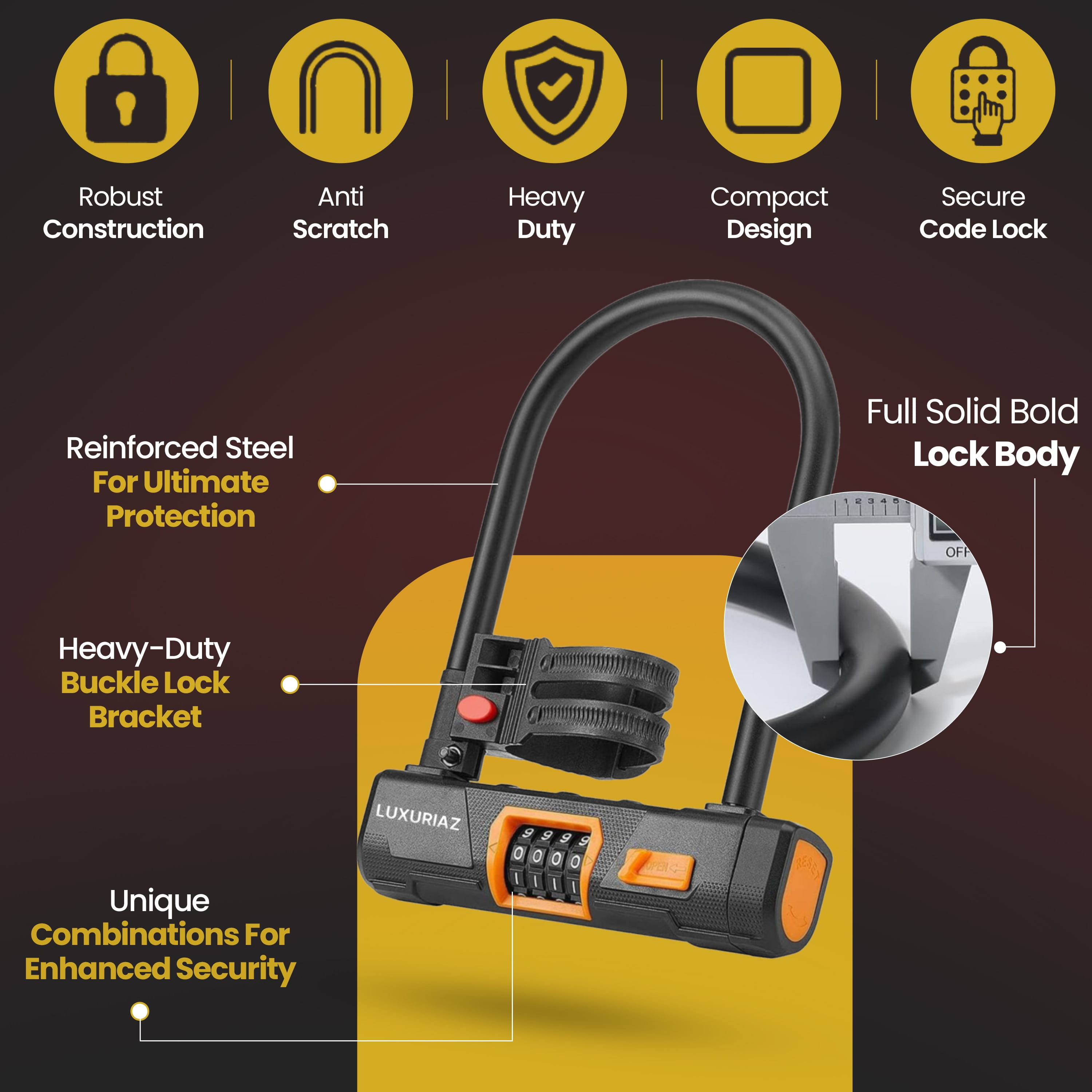 Luxuriaz, Bike U-Lock, 4-Digit Resettable Combination with 5ft