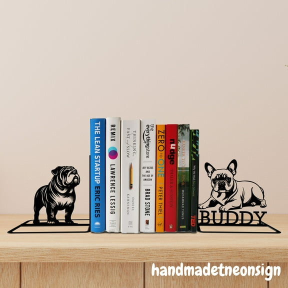 Handmadetneonsign Custom Bulldog Metal Bookends, Dog Name Bookend, Modern Bookend, Bookshelf Decor 69427