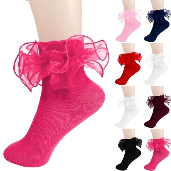 TELOLY Big Ruffle Ankle Socks Baby Kids Cotton Double Lace Turn Cuff Sock for Girls Cute Frilly Dress Socks Ruffle Socks for Girls