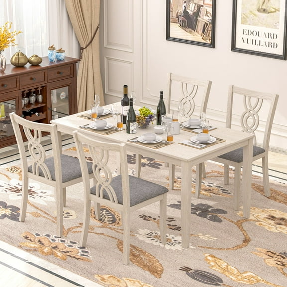 5-Piece Dining Table Set, VECELO Dining Table Set for 4, Wood Dining Room Set with 1 Table and 4 Chairs, 59.1 Inch Lenghth Rectangle Table For Kitchen Dining Room Apartment, Grey