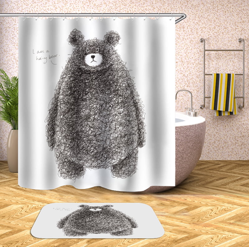 Cute brown bear Waterproof Fabric Shower Curtain liner Bathroom mat set 71" 