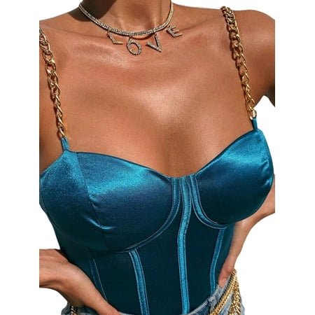 

JBEELATE Women s Sexy Corset Crop Top Chain Spaghetti Straps Push Up Bustier Tank Bra Top Party Clubwear