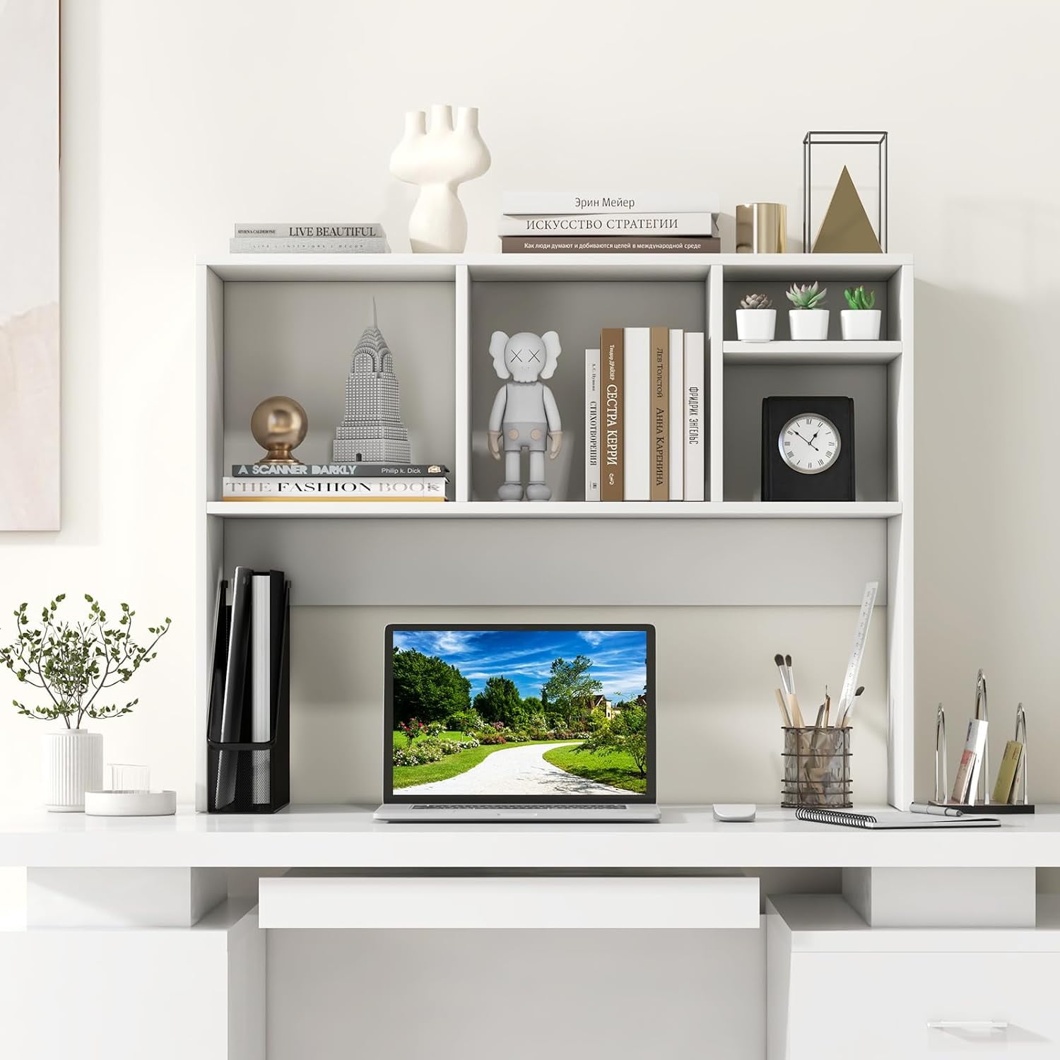 CRXX Desktop Bookshelf, Countertop Storage Hutch with 4 Shelves for Computer Desk, Dressing Tabletop Display Rack, Multipurpose Desk Hutch Storage Organizer for Home Office Dorm, White